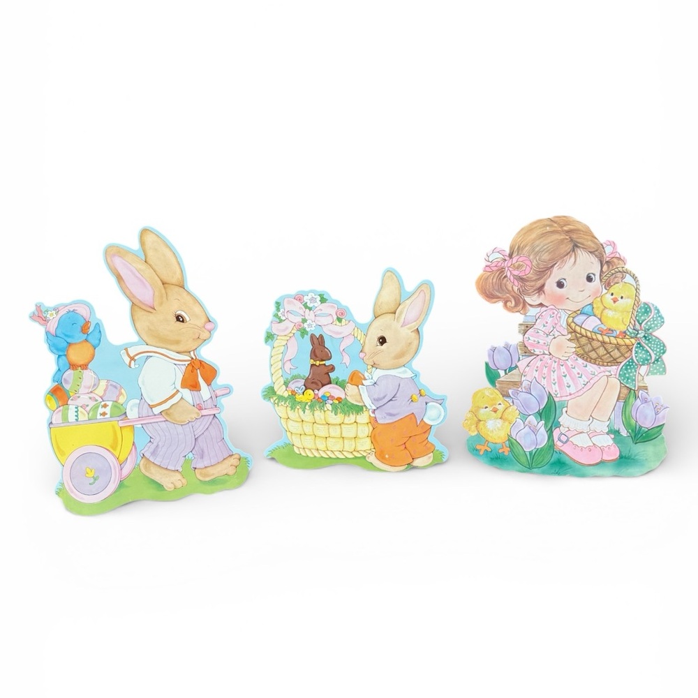 Vintage Easter Bunny & Girl Die-Cut Decorations - Large & Pastel Multi